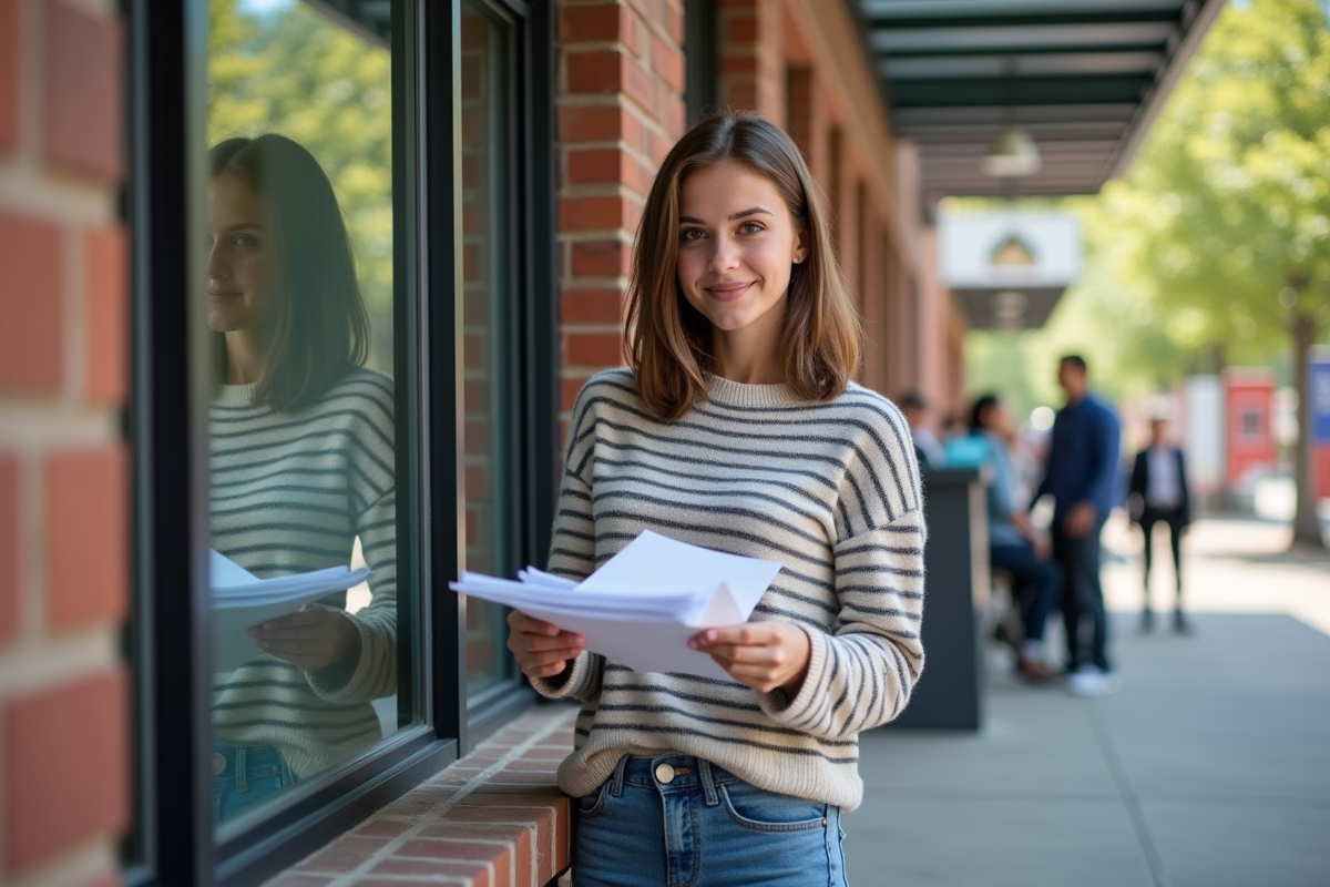 Jeune femme remettant des papiers à l