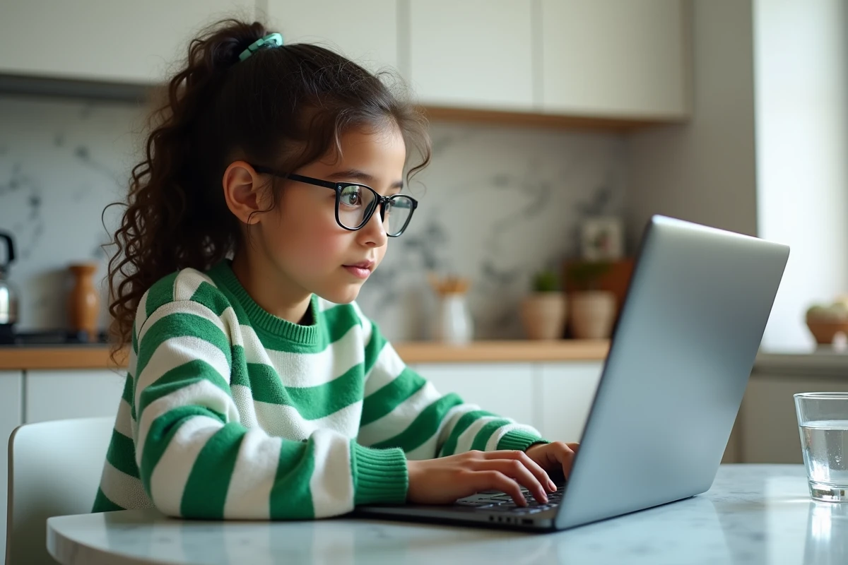 Fillette passant un test de QI en ligne sur ordinateur portable dans une cuisine familiale