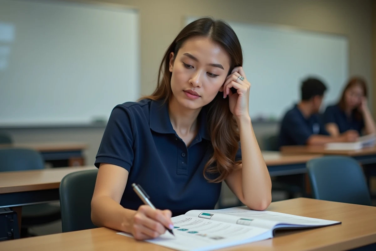 Femme en alternance consultant son dossier de financement pour le CACES 3 dans un centre de formation