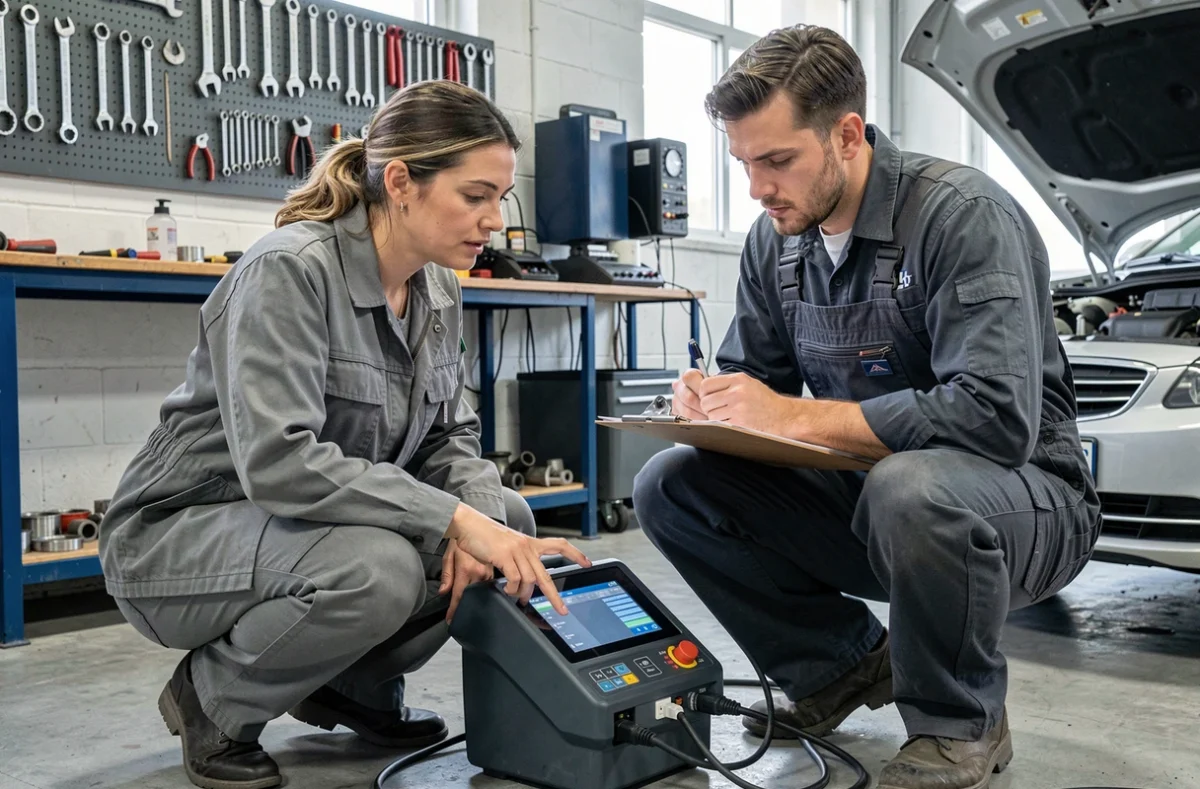 Formatrice en diagnostic technique expliquant les résultats d'un outil de diagnostic à un stagiaire adulte dans l'atelier de Formadiag à Marseille