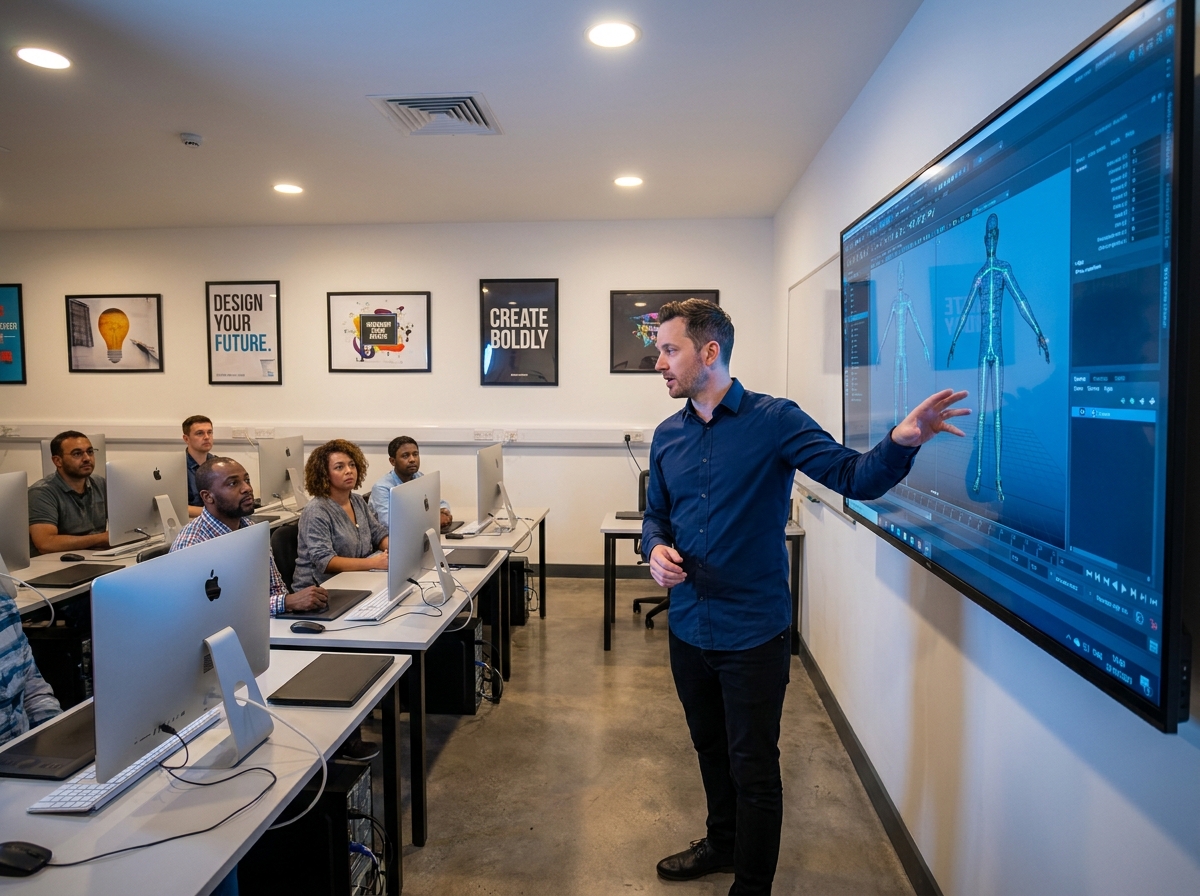 Formateur en animation 3D expliquant le rigging à des étudiants dans une salle de cours équipée d'ordinateurs professionnels