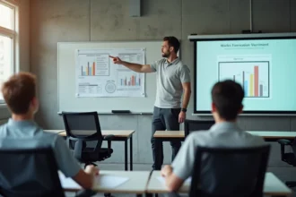 Formateur BTS en sécurité professionnelle présentant un schéma de prévention des risques à des étudiants en salle de cours