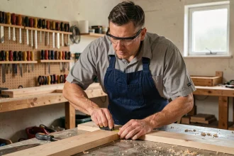 Homme en tablier bleu marine mesurant une planche en bois dans un atelier bricolage organisé, formation bricolage bricoludik.fr