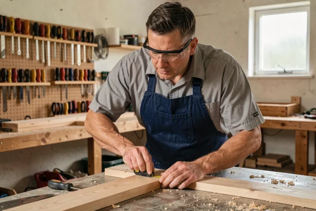 Homme en tablier bleu marine mesurant une planche en bois dans un atelier bricolage organisé, formation bricolage bricoludik.fr