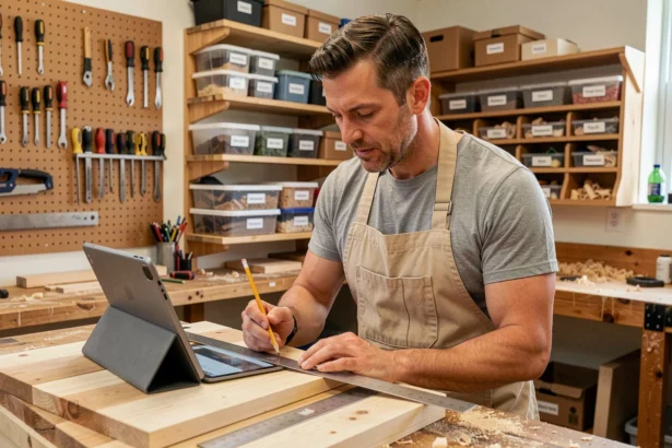 Homme adulte en tablier de bricolage consultant une formation en ligne sur tablette dans un atelier maison organisé