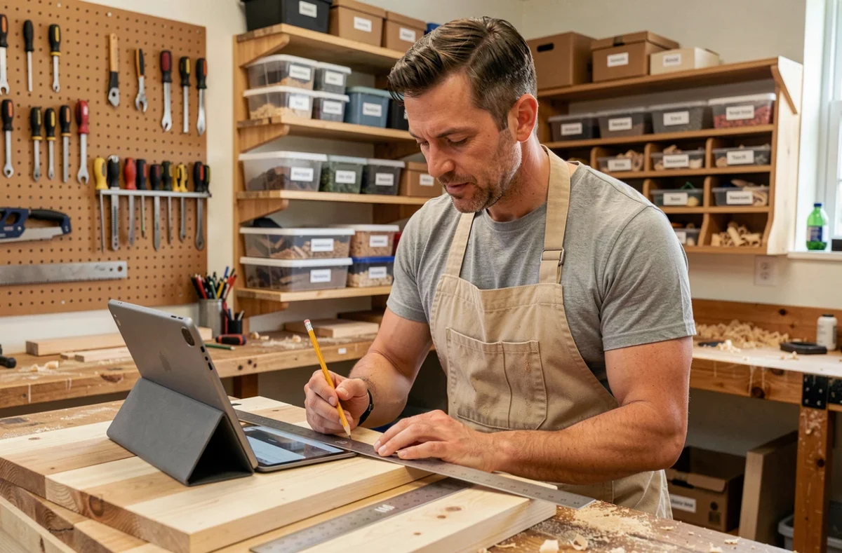 Homme adulte en tablier de bricolage consultant une formation en ligne sur tablette dans un atelier maison organisé