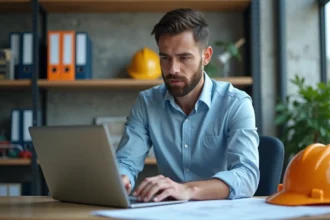 Professionnel du BTP consultant une formation éligible CPF sur son ordinateur portable dans un bureau industriel