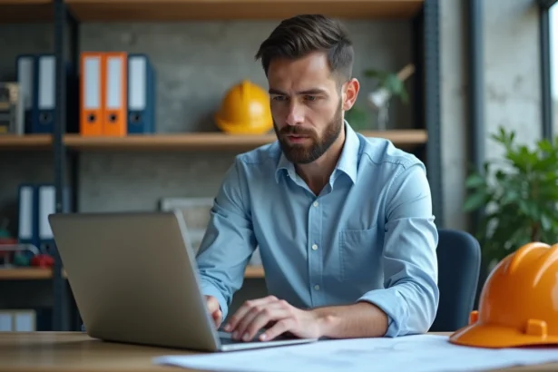 Professionnel du BTP consultant une formation éligible CPF sur son ordinateur portable dans un bureau industriel
