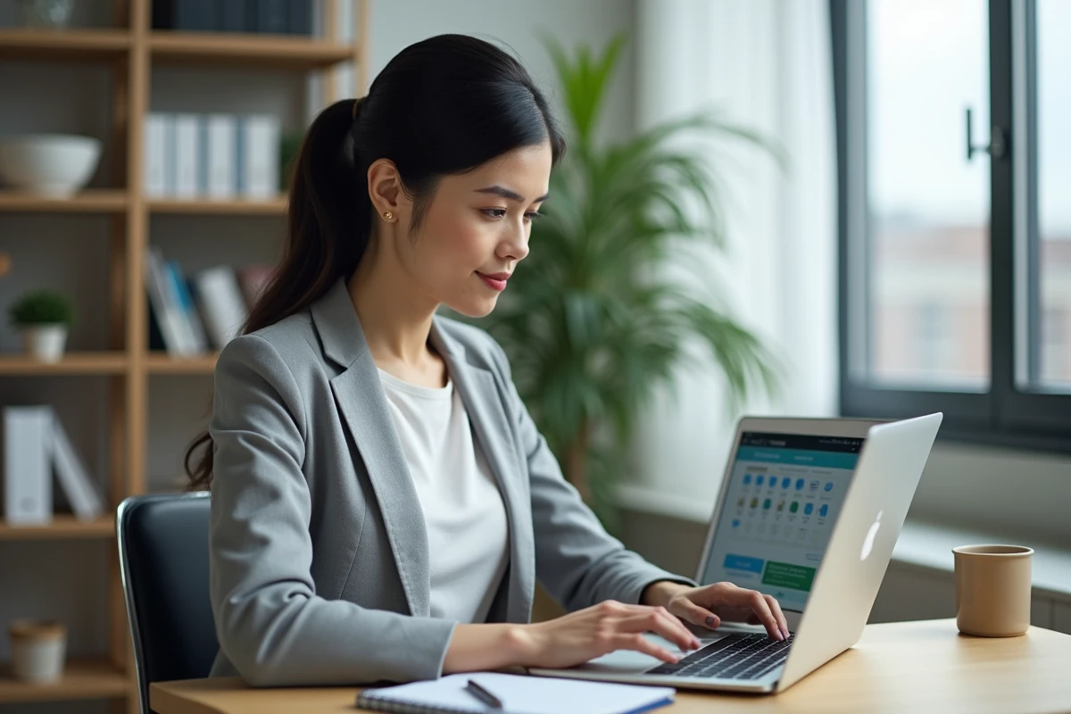 Femme en reconversion professionnelle suivant une formation BTP en ligne via CPF depuis son bureau à domicile