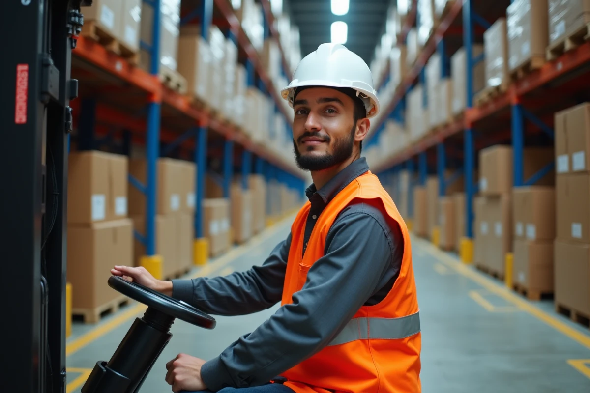 Jeune homme en formation CACES 1 conduisant un chariot élévateur électrique dans un entrepôt logistique