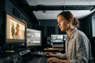 Étudiante en formation cinéma travaillant sur une station de montage professionnelle dans un studio de post-production