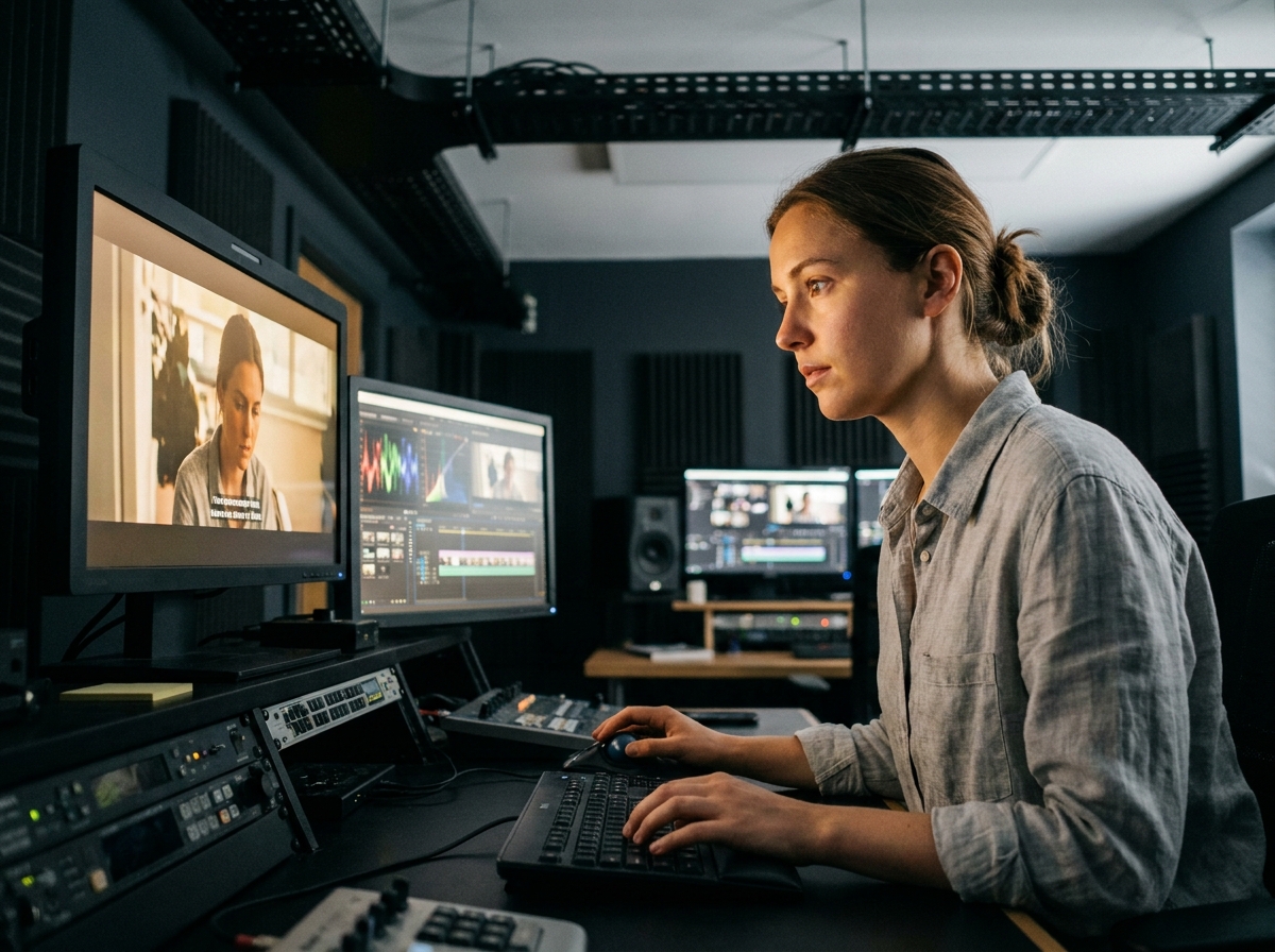 Étudiante en formation cinéma travaillant sur une station de montage professionnelle dans un studio de post-production