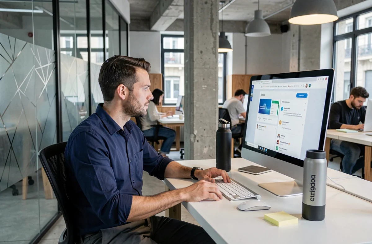Professionnel parisien suivant une formation digitale flexible dans un espace de coworking tout en maintenant son activité professionnelle