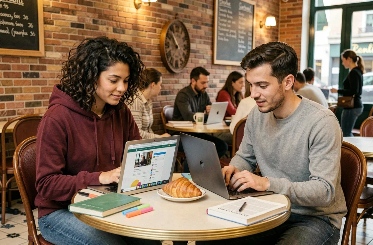 Deux étudiants parisiens conciliant formation digitale et pause café dans un café branché de Paris, alliant flexibilité et convivialité