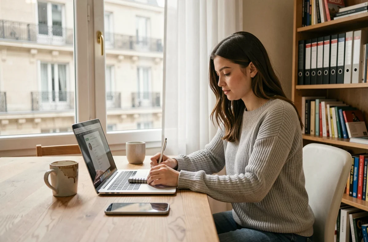 Jeune femme suivant une formation digitale en ligne depuis son appartement parisien, en équilibrant travail et études