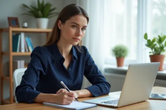 Femme concentrée suivant une formation en ligne sur son ordinateur portable dans un bureau à domicile moderne, prenant des notes pour évoluer vers un métier bien rémunéré