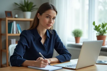 Femme concentrée suivant une formation en ligne sur son ordinateur portable dans un bureau à domicile moderne, prenant des notes pour évoluer vers un métier bien rémunéré