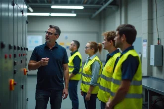 Formateur en habilitation électrique expliquant les composants d'un tableau électrique industriel à des stagiaires débutants portant des équipements de protection individuelle