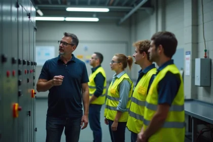 Formateur en habilitation électrique expliquant les composants d'un tableau électrique industriel à des stagiaires débutants portant des équipements de protection individuelle