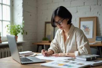 Freelance créative travaillant sur un portfolio artistique dans son studio à domicile