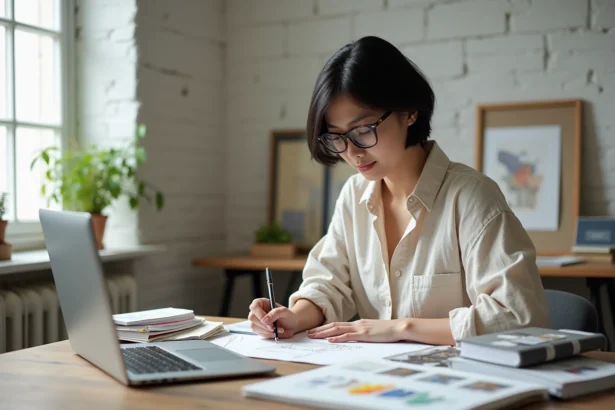 Freelance créative travaillant sur un portfolio artistique dans son studio à domicile