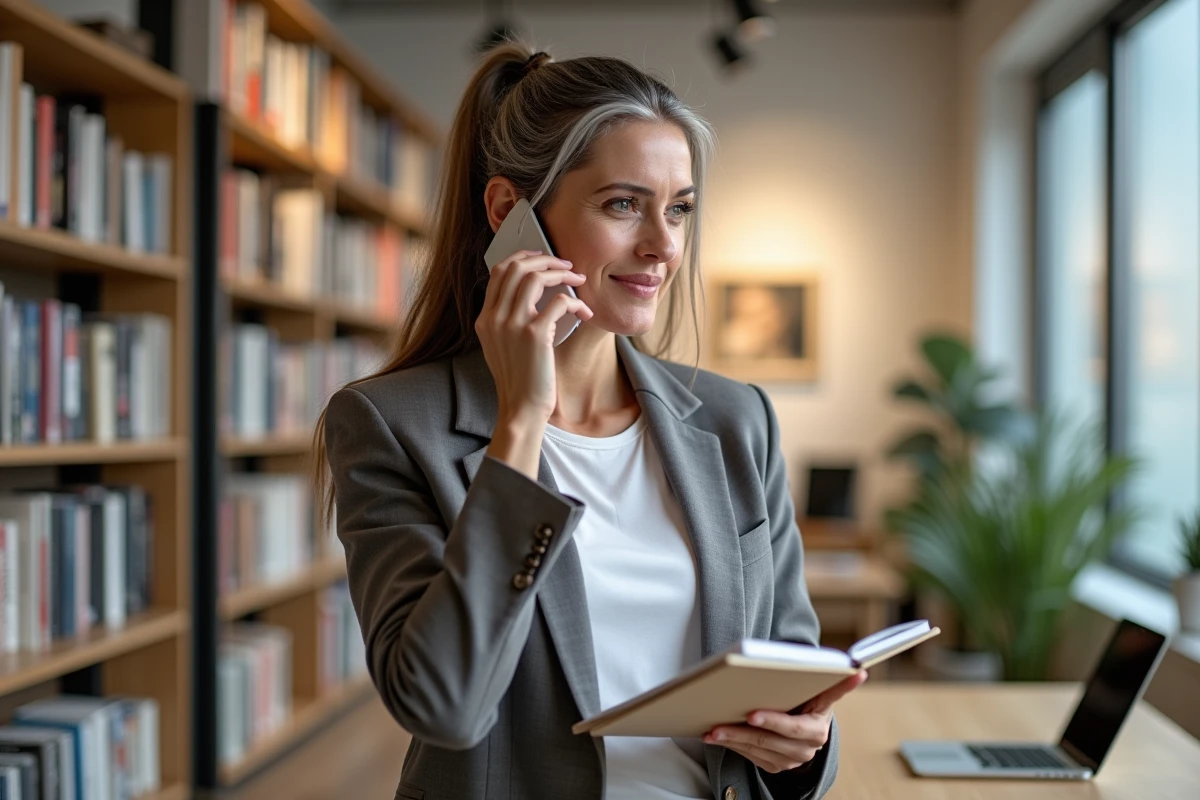 Professionnelle freelance dans le secteur culturel gérant ses missions depuis une galerie d'art