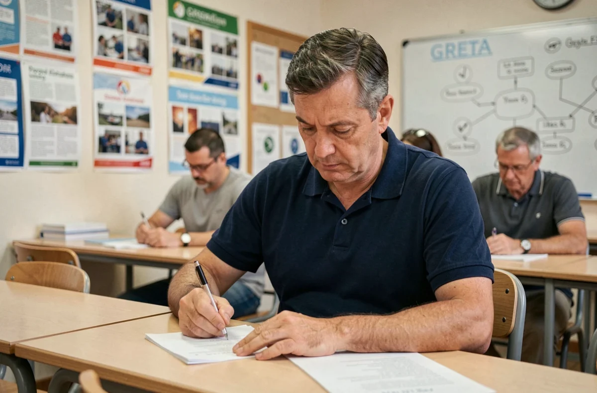 Un adulte en formation continue au GRETA CFA de l'Ain, prenant des notes dans une salle de classe avec d'autres apprenants en arrière-plan