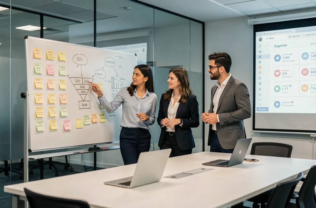 Groupe d'étudiants en alternance marketing collaborant sur une stratégie digitale et SEO dans une salle de formation professionnelle