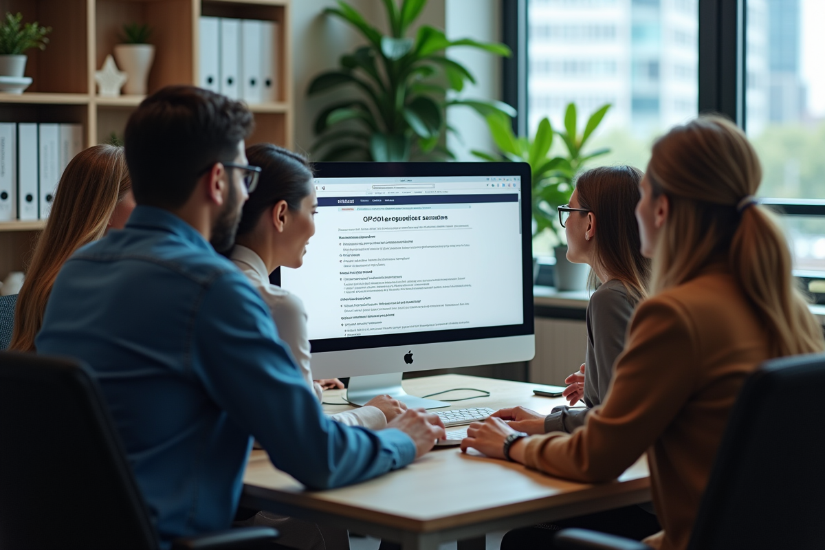 Groupe de coworkers regardant un site gouvernemental