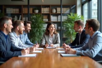 Groupe de professionnels en réunion dans un bureau moderne