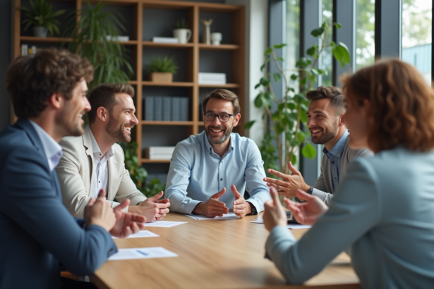 Groupe diversifié en discussion dans un bureau moderne