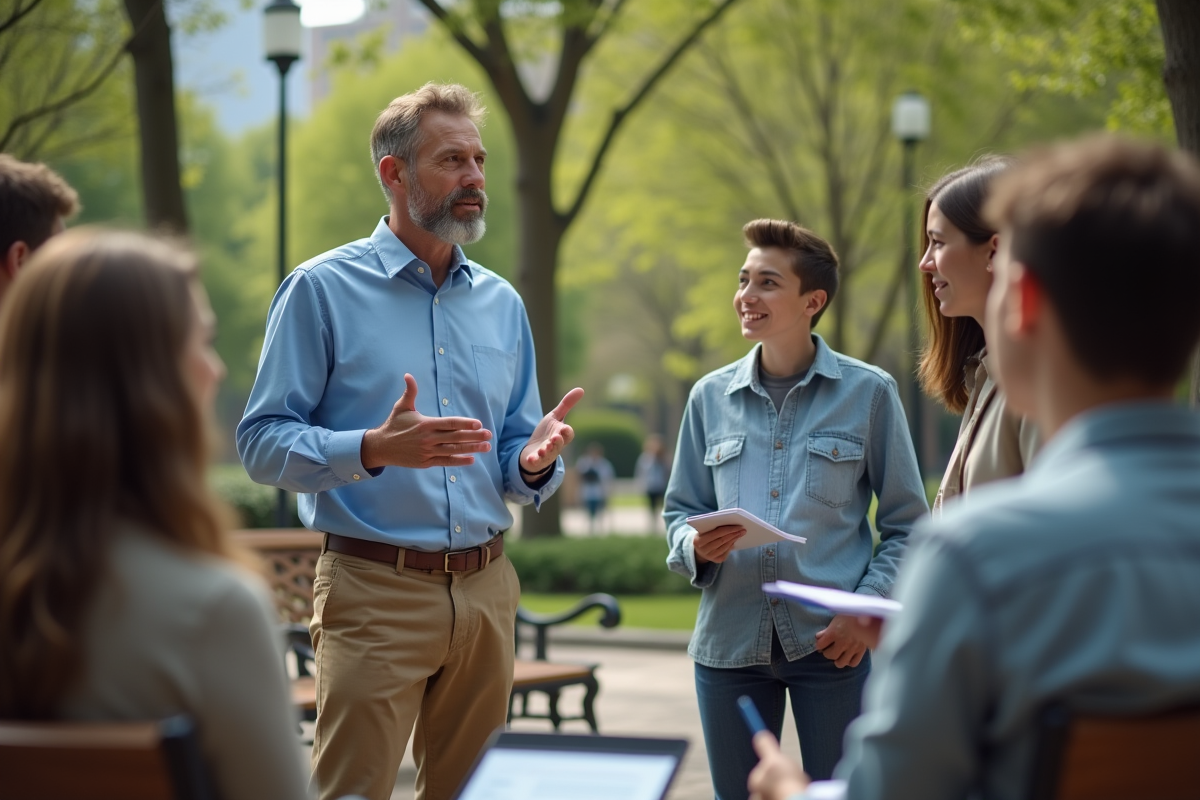 Homme encourageant un groupe de jeunes en plein air