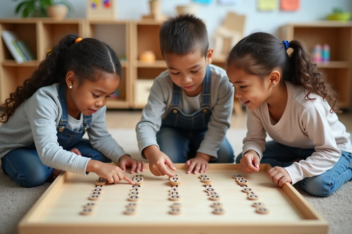 Enfants autour d un tableau de multiplication Montessori