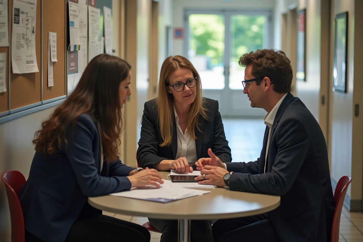 Groupe d'enseignants discutant des conséquences de la fin du Pacte enseignant 2026 dans un couloir d'école