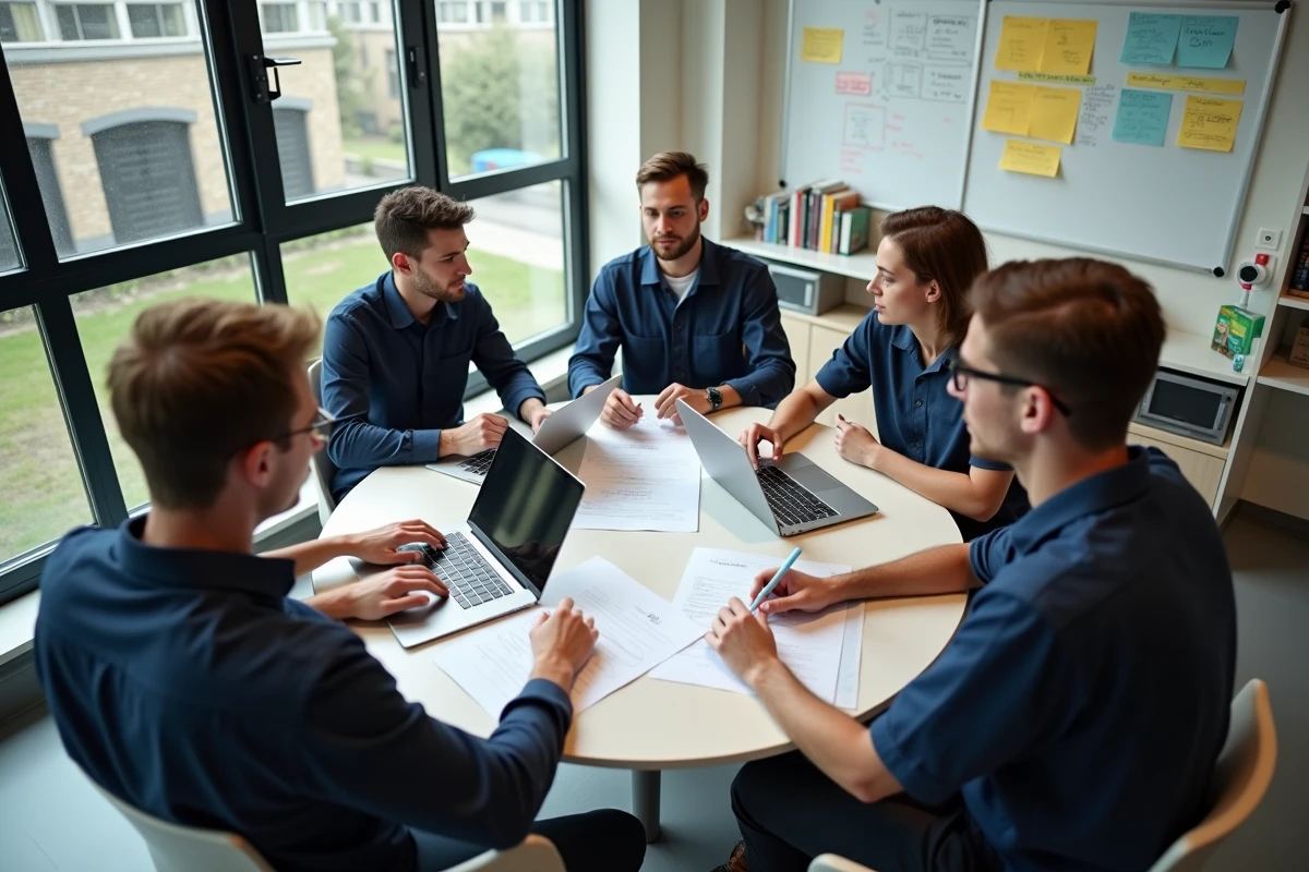 Groupe d'étudiants en BTS travaillant ensemble sur des supports pédagogiques liés à la culture sécurité et la prévention des risques professionnels
