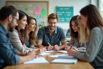 Groupe d'adultes en formation dans une salle moderne