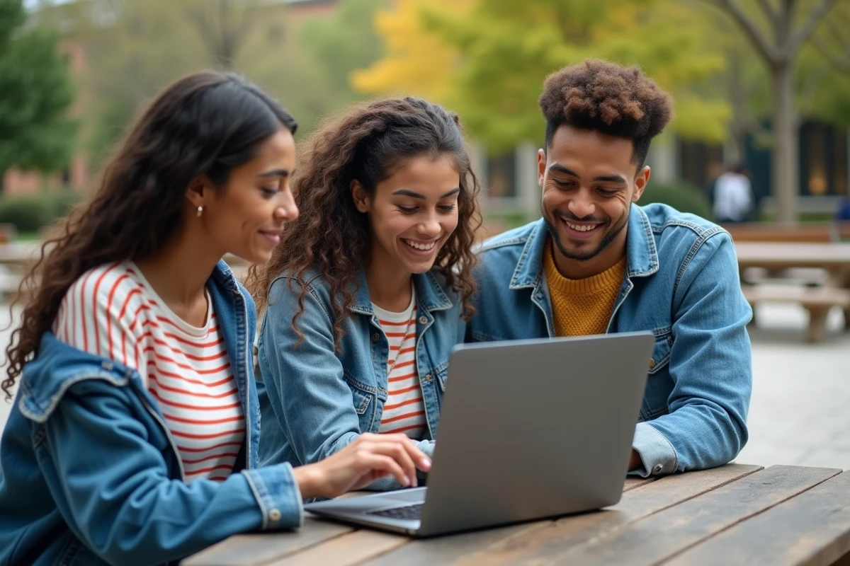 Groupe d'étudiants collaborant autour d'un ordinateur portable affichant la plateforme My Campus eduservices dans une cour de campus universitaire