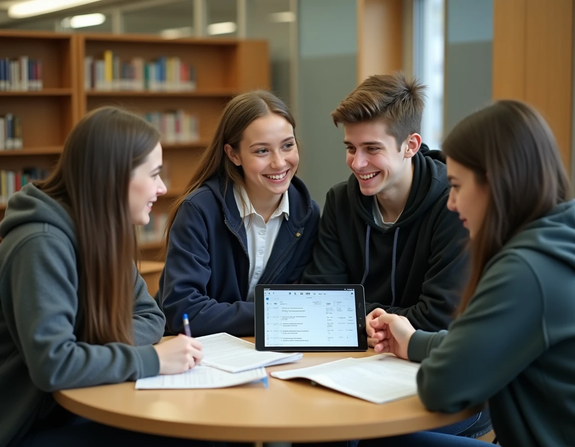 Groupe d'étudiants en terminale discutant de leur orientation en prépa ECE dans une bibliothèque scolaire