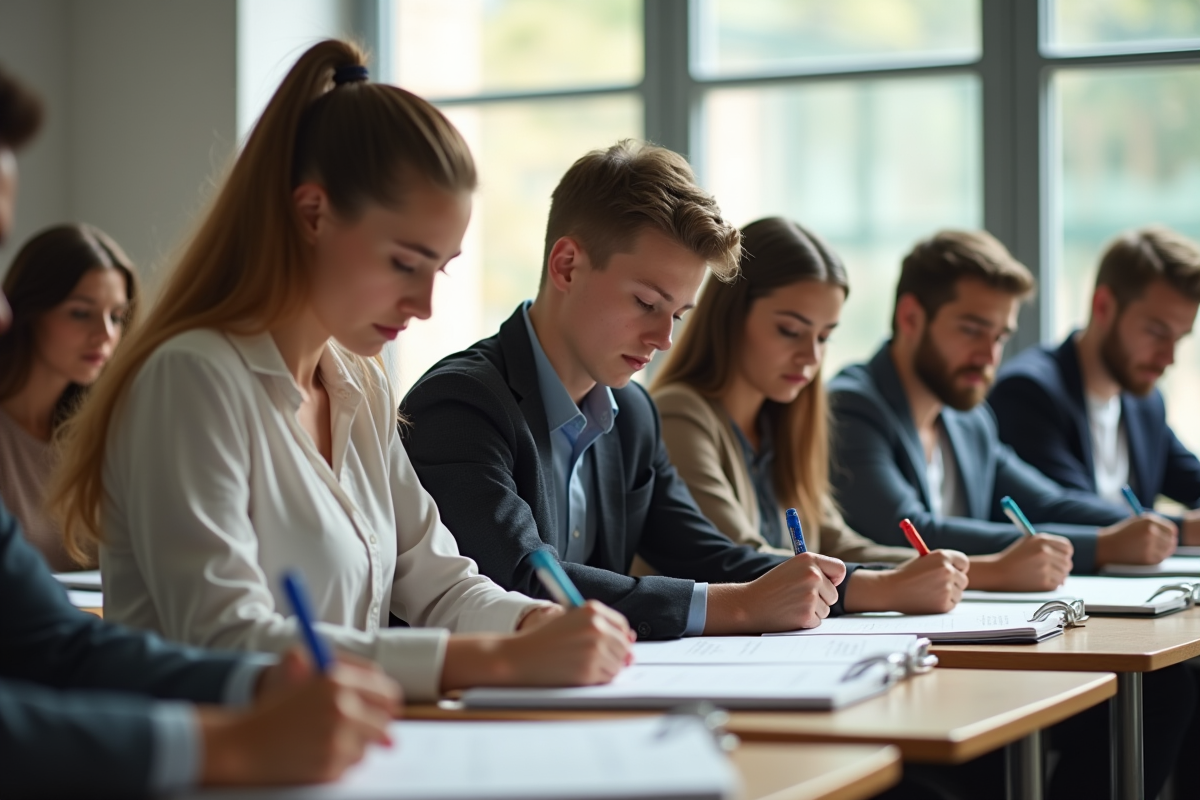 Groupe de jeunes adultes en examen dans une salle lumineuse