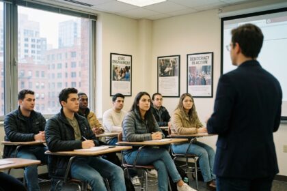 Groupe de jeunes en classe moderne attentive à l'instructeur
