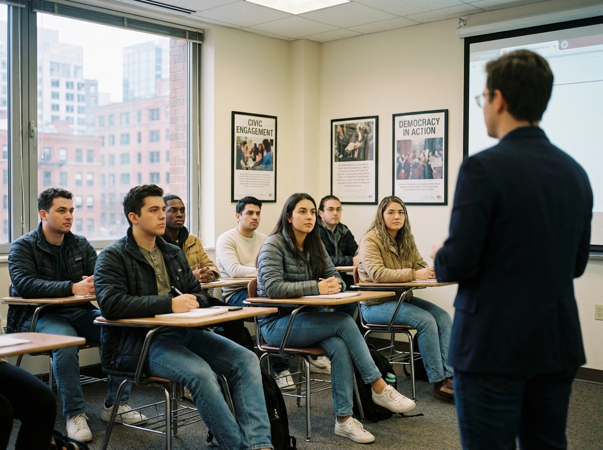 Groupe de jeunes en classe moderne attentive à l'instructeur