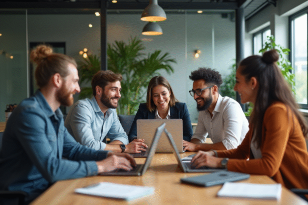 Groupe de jeunes professionnels collaborant au bureau