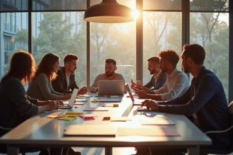 Groupe de professionnels collaborant dans un atelier lumineux