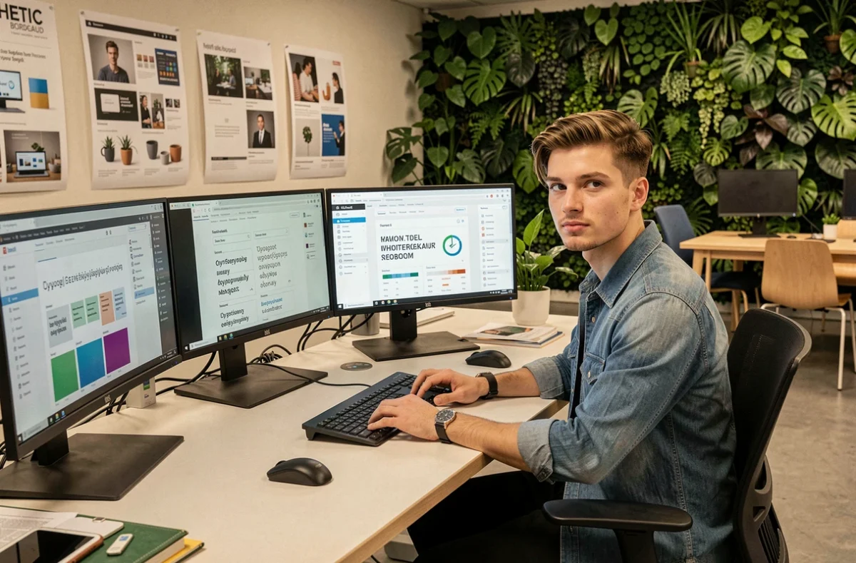 Étudiant en design numérique et marketing digital travaillant sur plusieurs écrans à HETIC Bordeaux