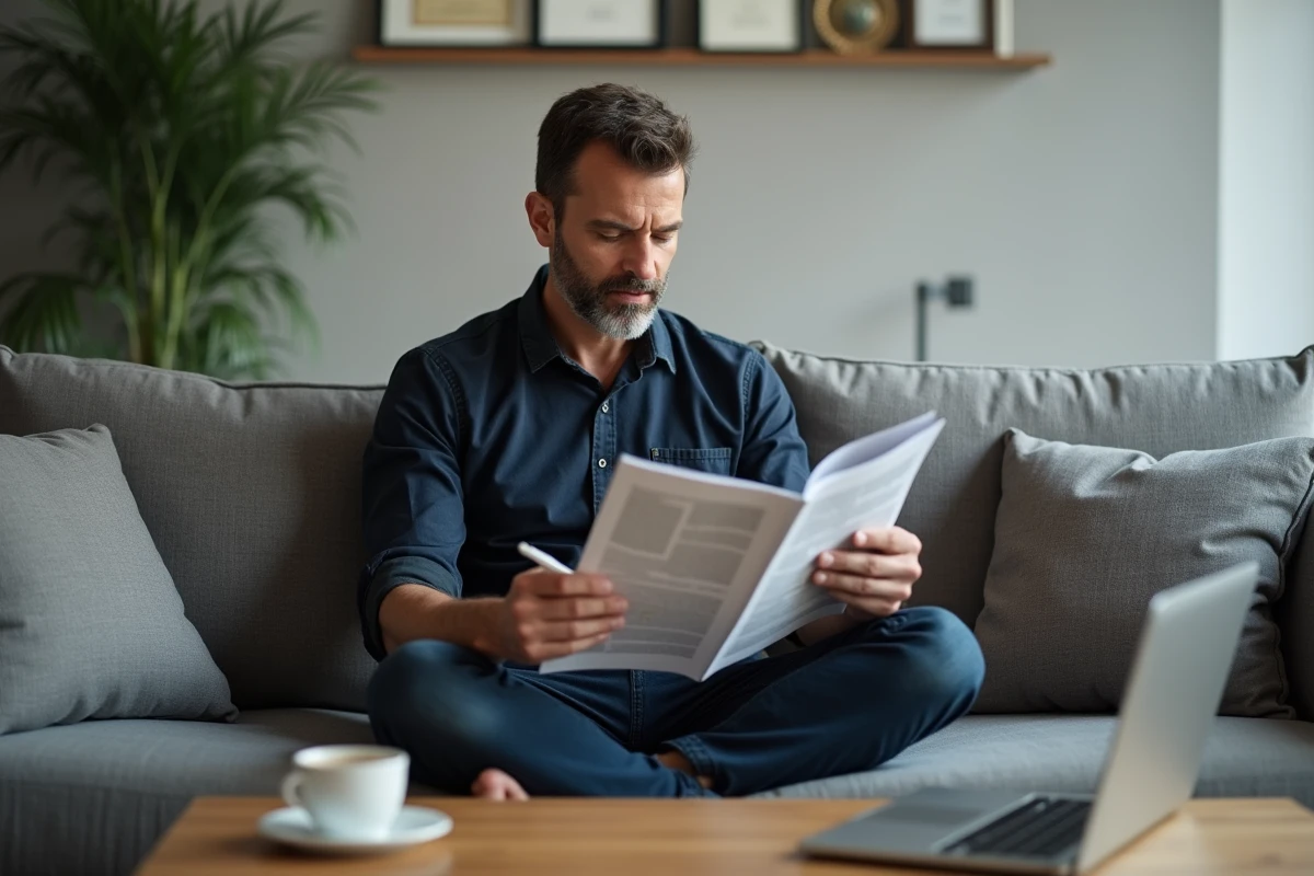 Homme annotant un magazine d'abonnement business sur un canapé dans son bureau à domicile