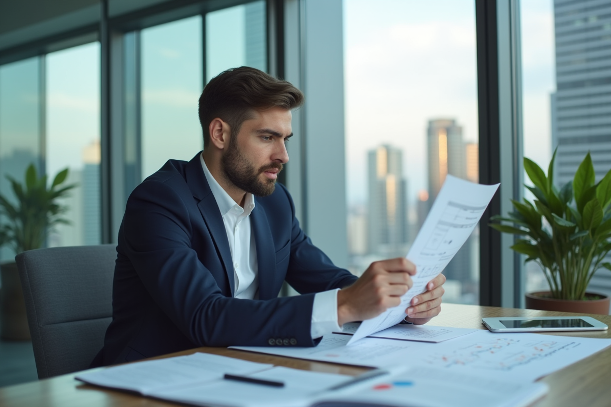 Homme d'affaires en costume navy dans un bureau moderne