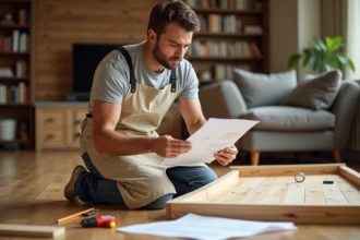 Homme adulte assemblant une étagère en bois dans son salon en suivant les instructions du site Bricoludik.fr