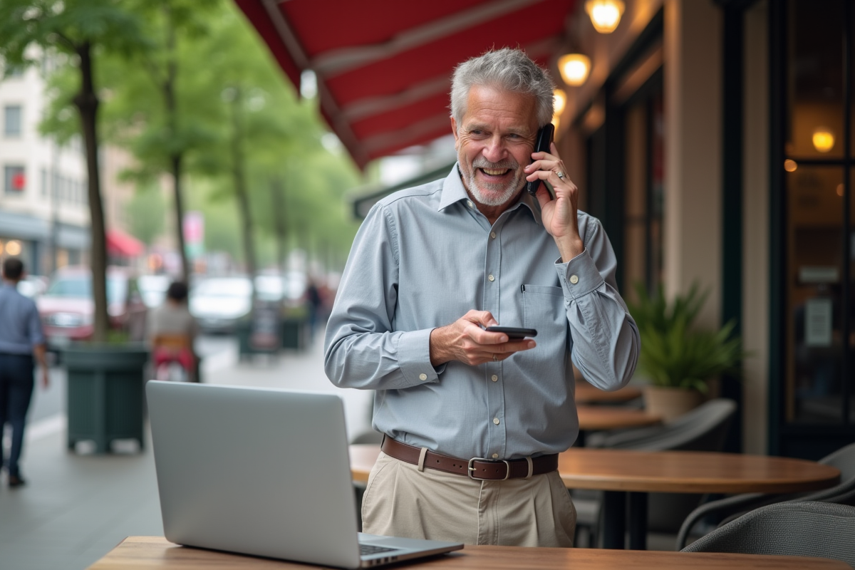 Homme au smartphone dans un café en milieu urbain