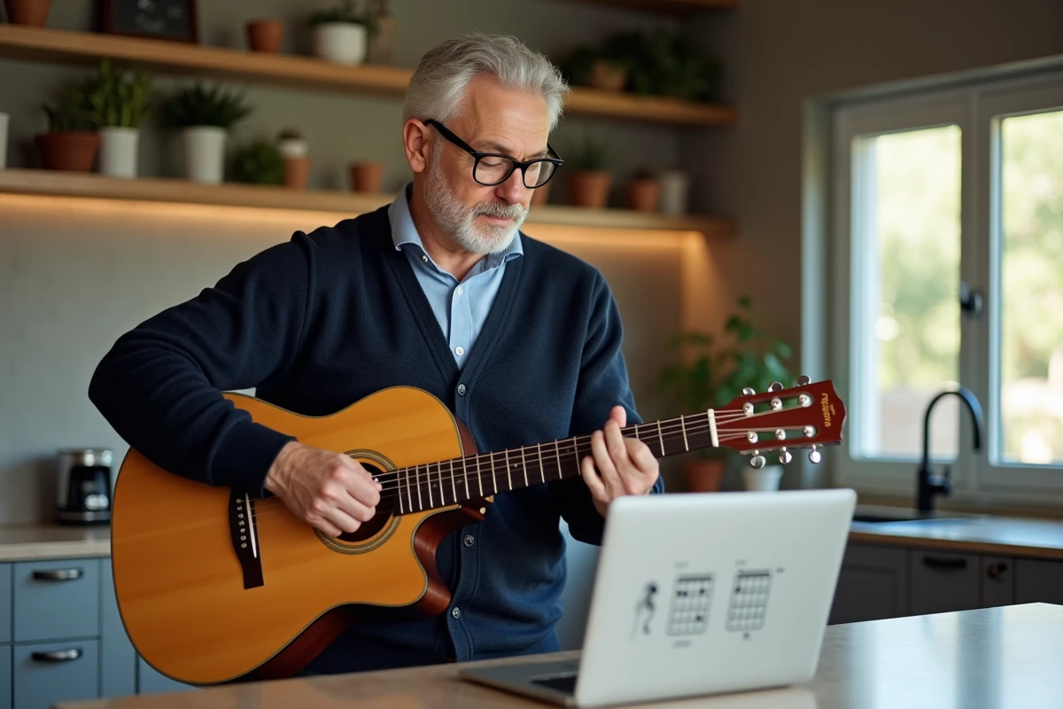 Homme dans la cinquantaine s'exerçant à la guitare acoustique dans une cuisine moderne en suivant un cours en ligne