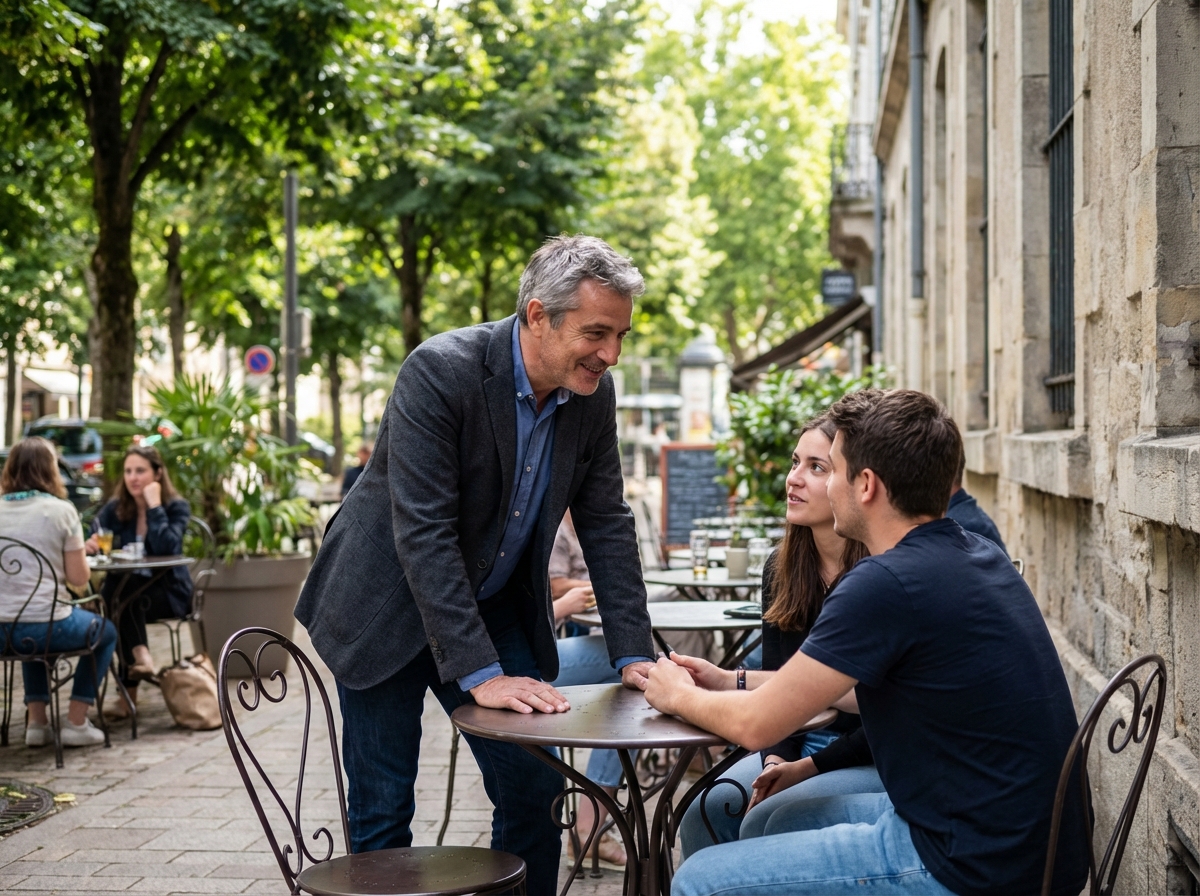 Homme en conversation avec deux jeunes au café à Vichy